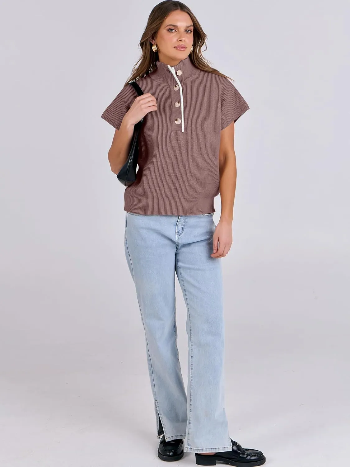 ANRABESS Womens Short Sleeve Sweaters V Neck Button Down Pullover Sweater Tops Loose Casual Knit 2025 Summer Outfits