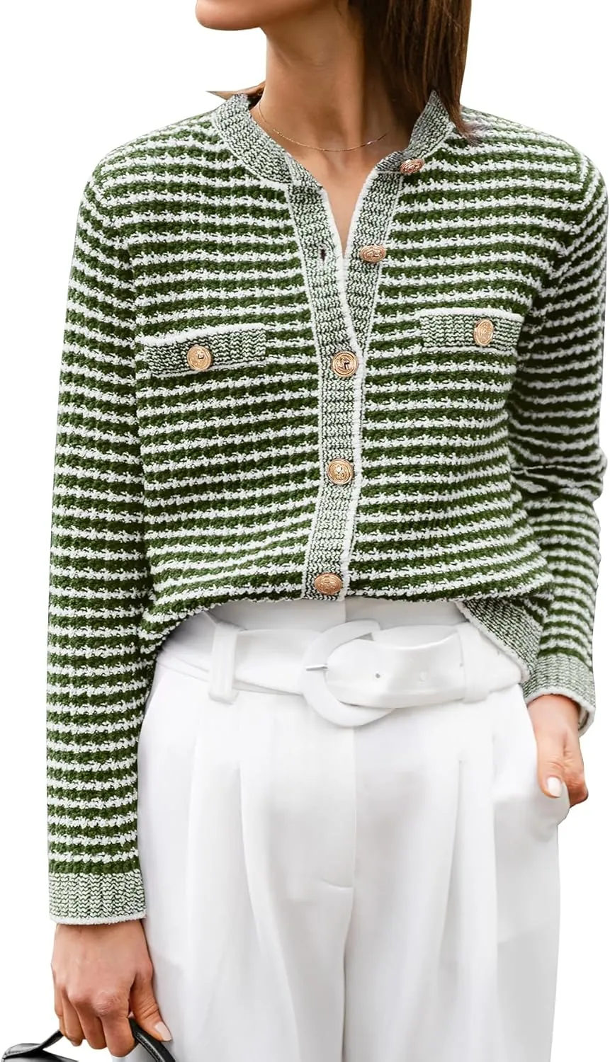 ANRABESS Women's Striped Cardigan Sweaters Casual Long Sleeve Open Front Button Down Knit Cropped Jackets Fall Coat Outerwear