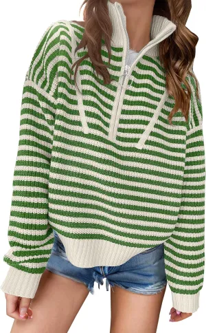 ANRABESS Womens Striped Sweaters Long Sleeve Casual Half Zip Knit Pullover Tops 2024 Fall Comfy Loose Ribbed Sweater