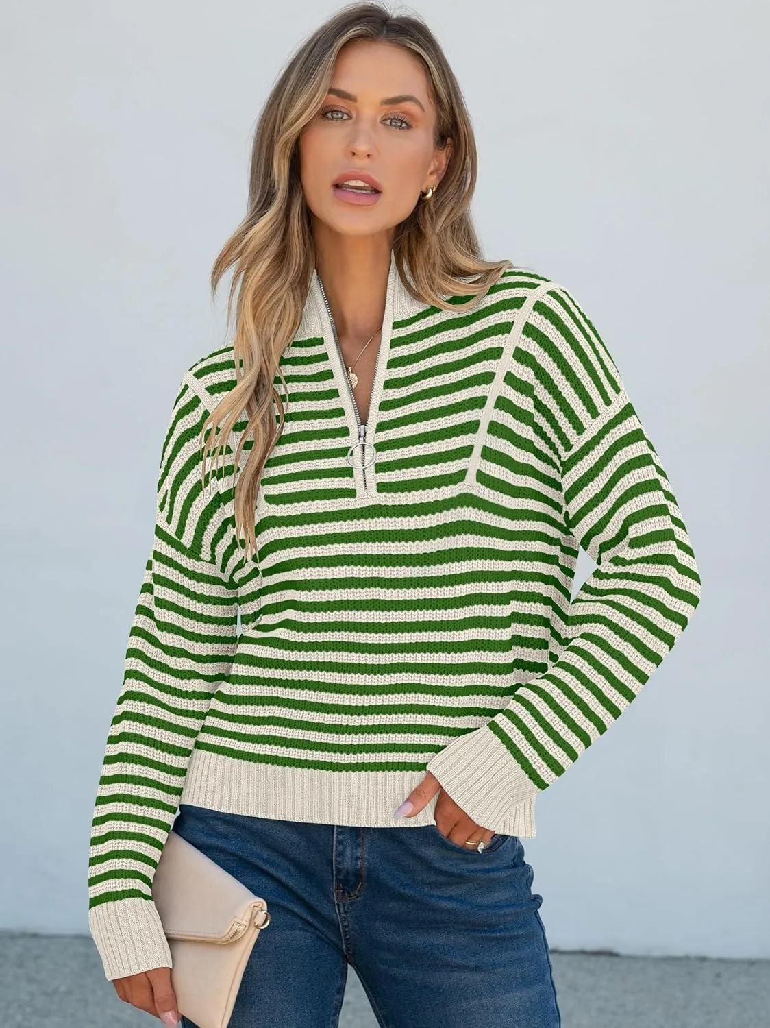 ANRABESS Womens Striped Sweaters Long Sleeve Casual Half Zip Knit Pullover Tops 2024 Fall Comfy Loose Ribbed Sweater