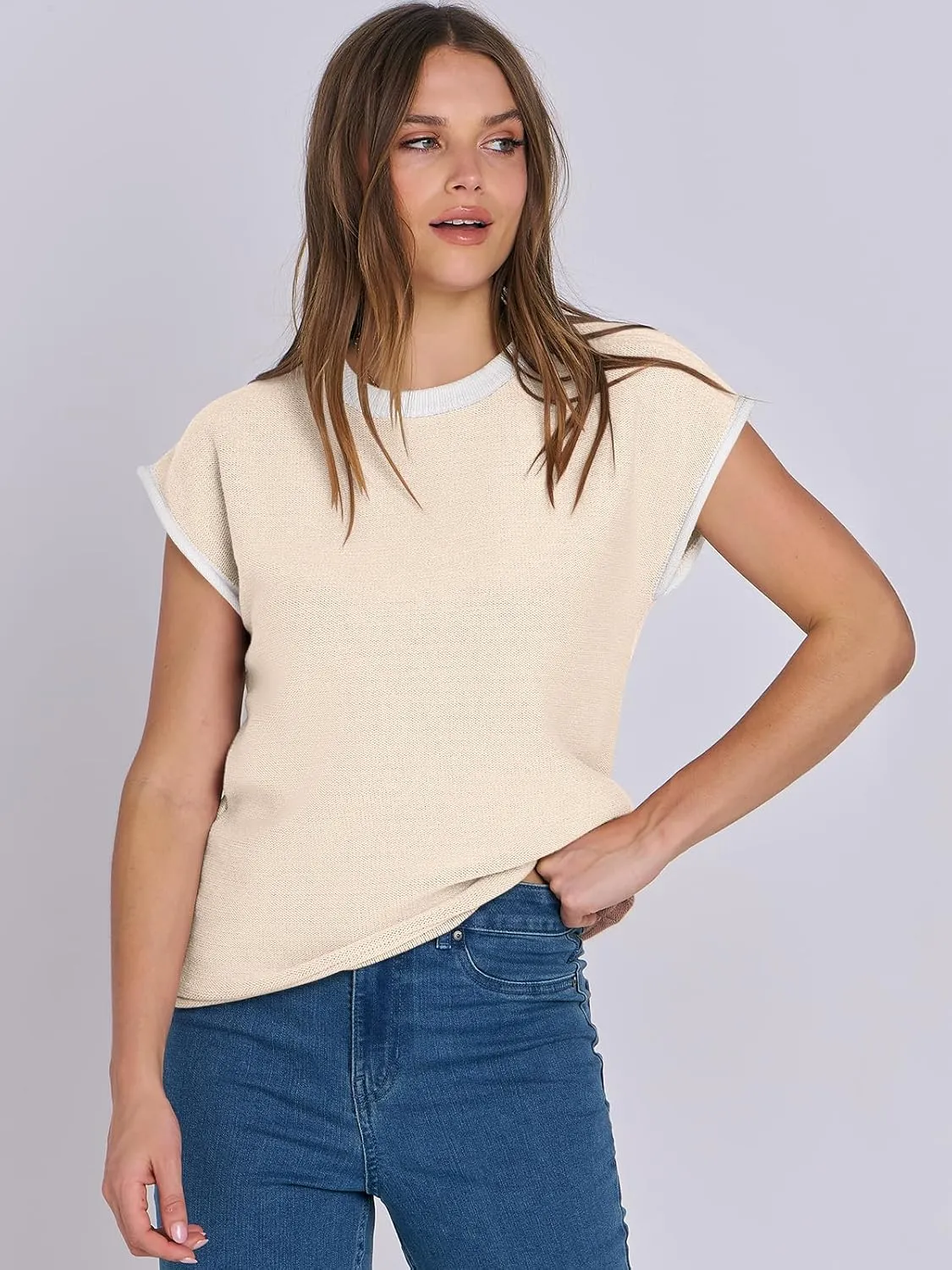 ANRABESS Womens Summer Cap Sleeve Sweater Crewneck Sleeveless Knit Tops Casual Fit Vest 2025 Trendy Tank Top Shirts