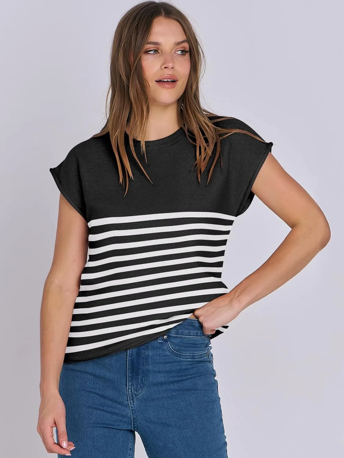 ANRABESS Womens Summer Cap Sleeve Sweater Crewneck Sleeveless Knit Tops Casual Fit Vest 2025 Trendy Tank Top Shirts
