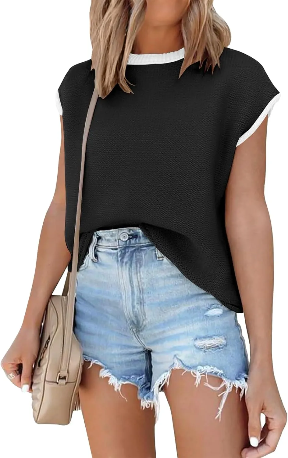ANRABESS Womens Summer Cap Sleeve Sweater Crewneck Sleeveless Knit Tops Casual Fit Vest 2025 Trendy Tank Top Shirts