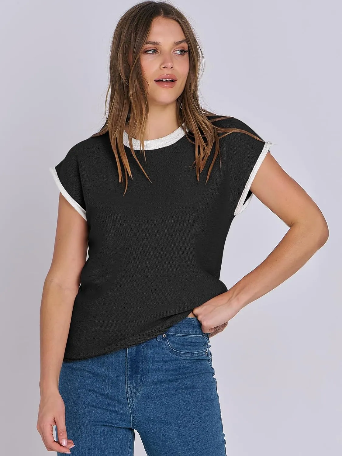 ANRABESS Womens Summer Cap Sleeve Sweater Crewneck Sleeveless Knit Tops Casual Fit Vest 2025 Trendy Tank Top Shirts