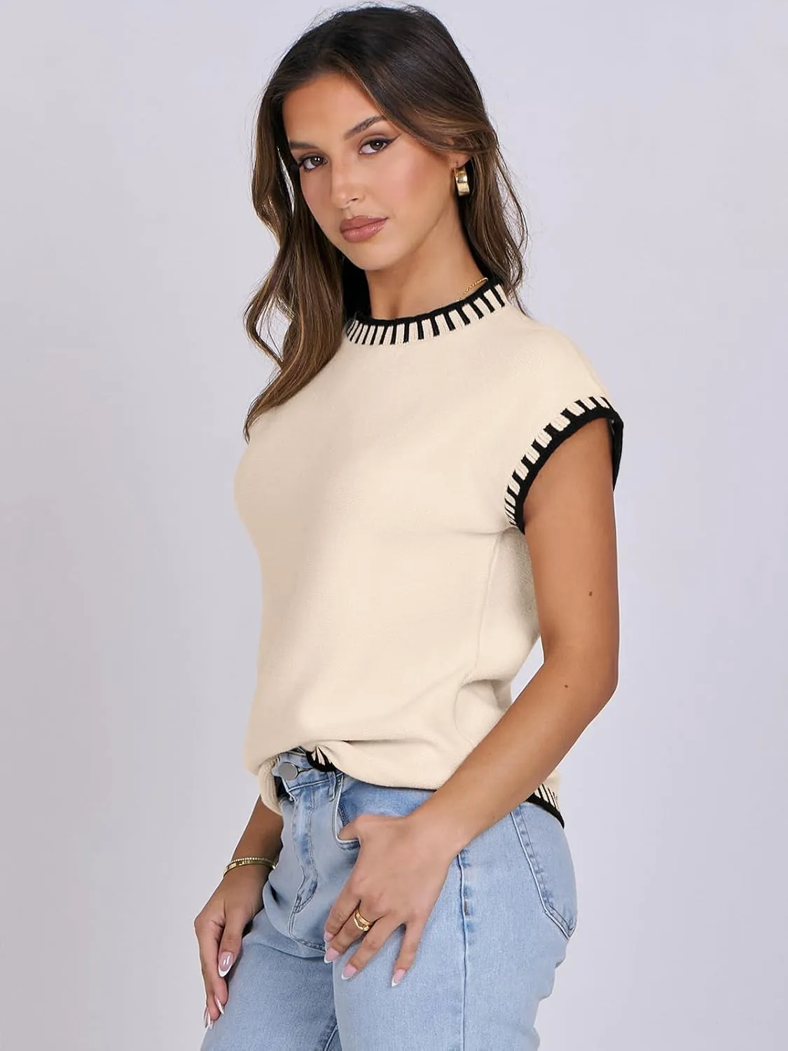 ANRABESS Womens Summer Cap Sleeve Sweater Crewneck Sleeveless Knit Tops Casual Fit Vest 2025 Trendy Tank Top Shirts