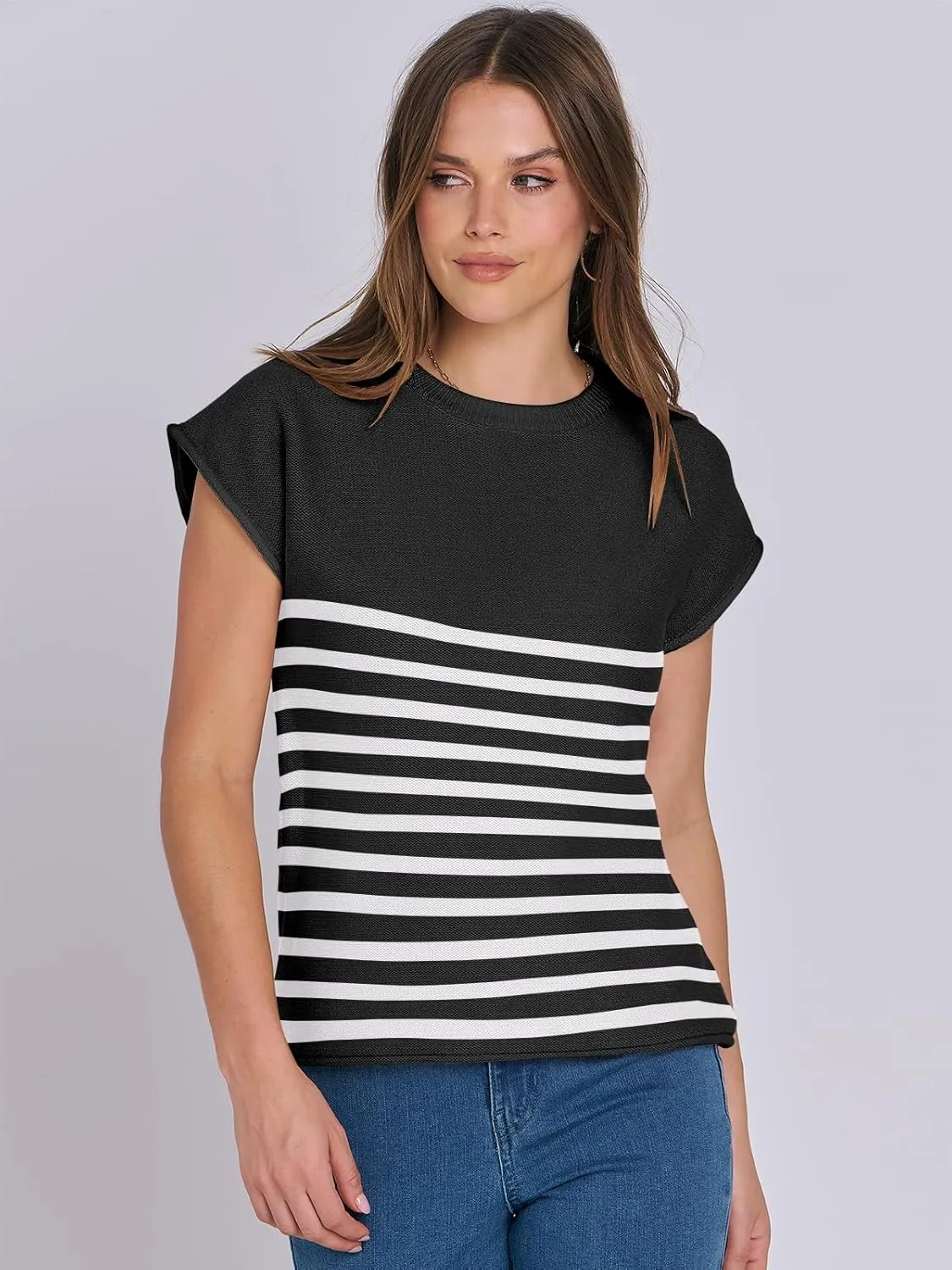 ANRABESS Womens Summer Cap Sleeve Sweater Crewneck Sleeveless Knit Tops Casual Fit Vest 2025 Trendy Tank Top Shirts