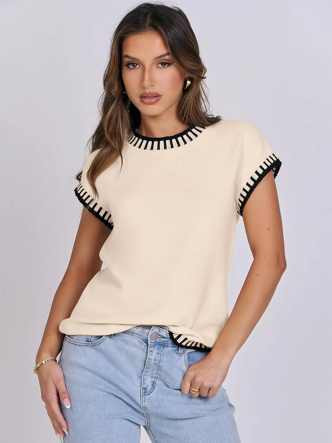 ANRABESS Womens Summer Cap Sleeve Sweater Crewneck Sleeveless Knit Tops Casual Fit Vest 2025 Trendy Tank Top Shirts