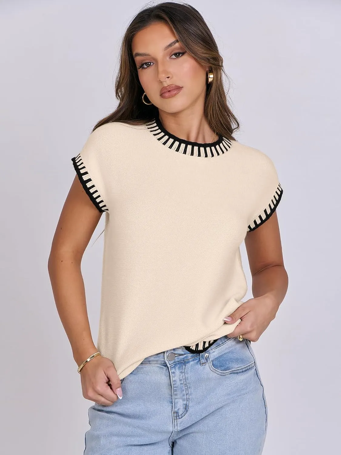 ANRABESS Womens Summer Cap Sleeve Sweater Crewneck Sleeveless Knit Tops Casual Fit Vest 2025 Trendy Tank Top Shirts
