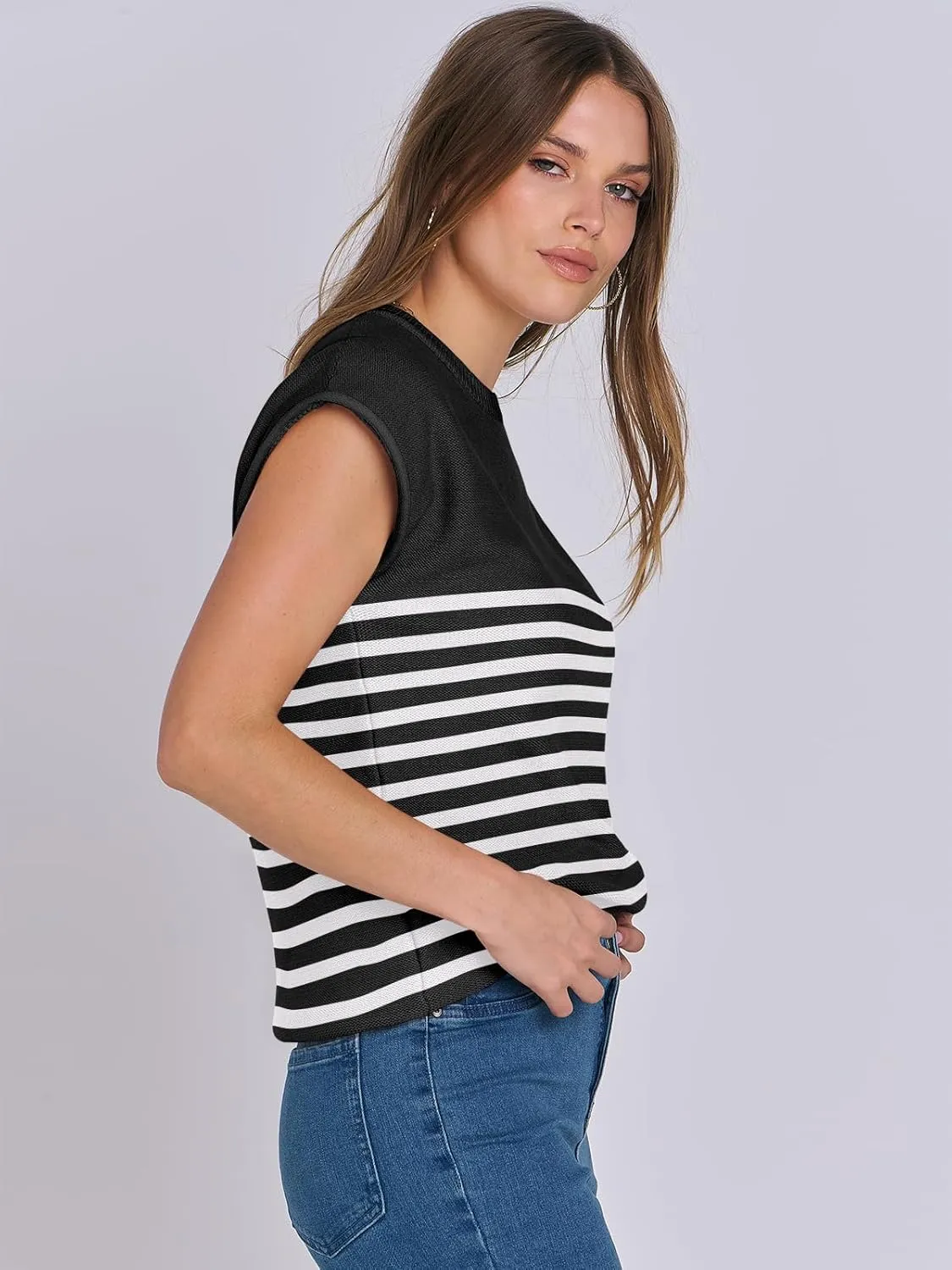 ANRABESS Womens Summer Cap Sleeve Sweater Crewneck Sleeveless Knit Tops Casual Fit Vest 2025 Trendy Tank Top Shirts