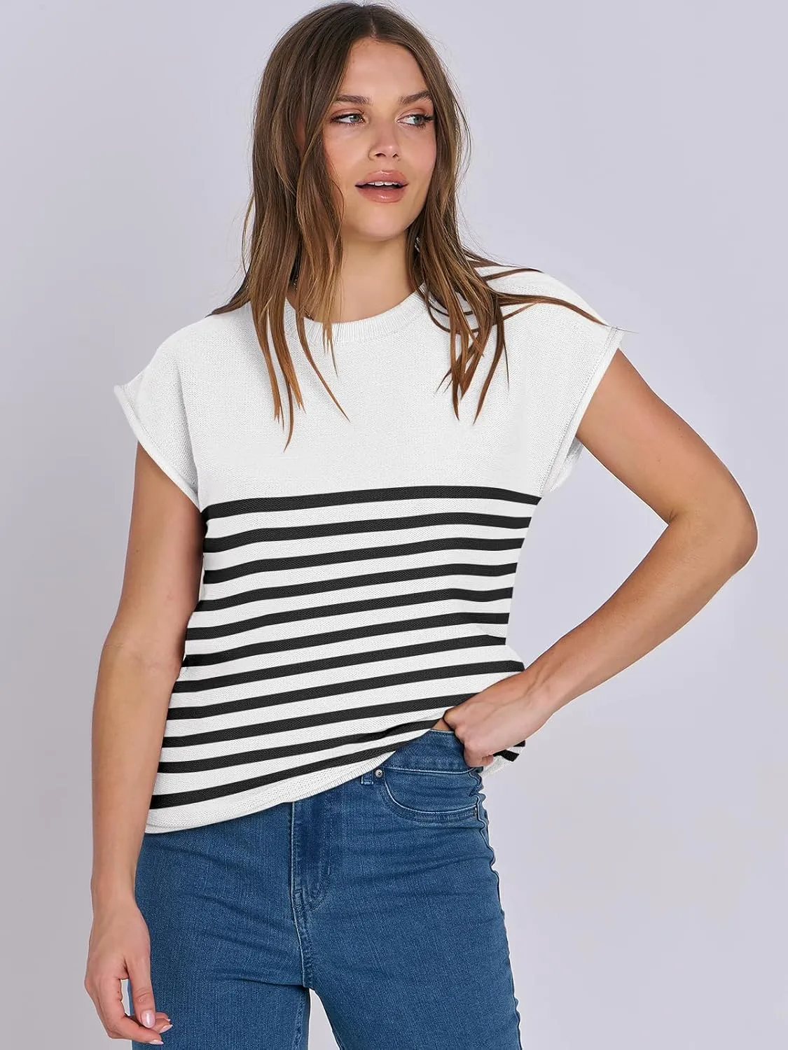 ANRABESS Womens Summer Cap Sleeve Sweater Crewneck Sleeveless Knit Tops Casual Fit Vest 2025 Trendy Tank Top Shirts