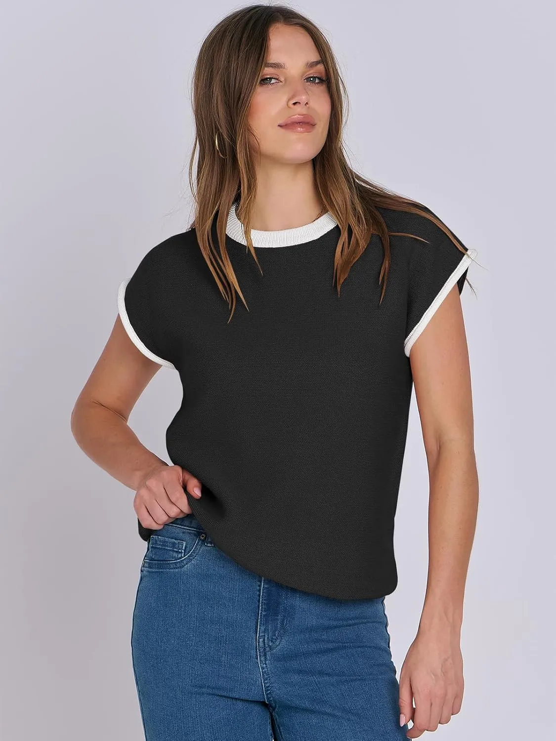 ANRABESS Womens Summer Cap Sleeve Sweater Crewneck Sleeveless Knit Tops Casual Fit Vest 2025 Trendy Tank Top Shirts