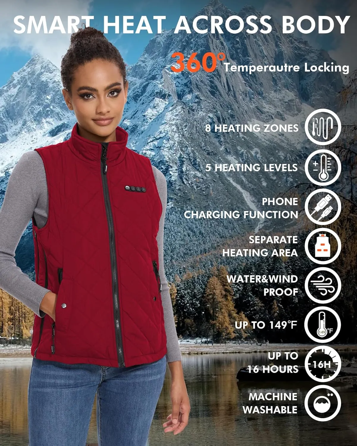 ARRIS Women`s Heated Vest, Size Adjustable 7.4V Electric Warm Vest with Battery Pack