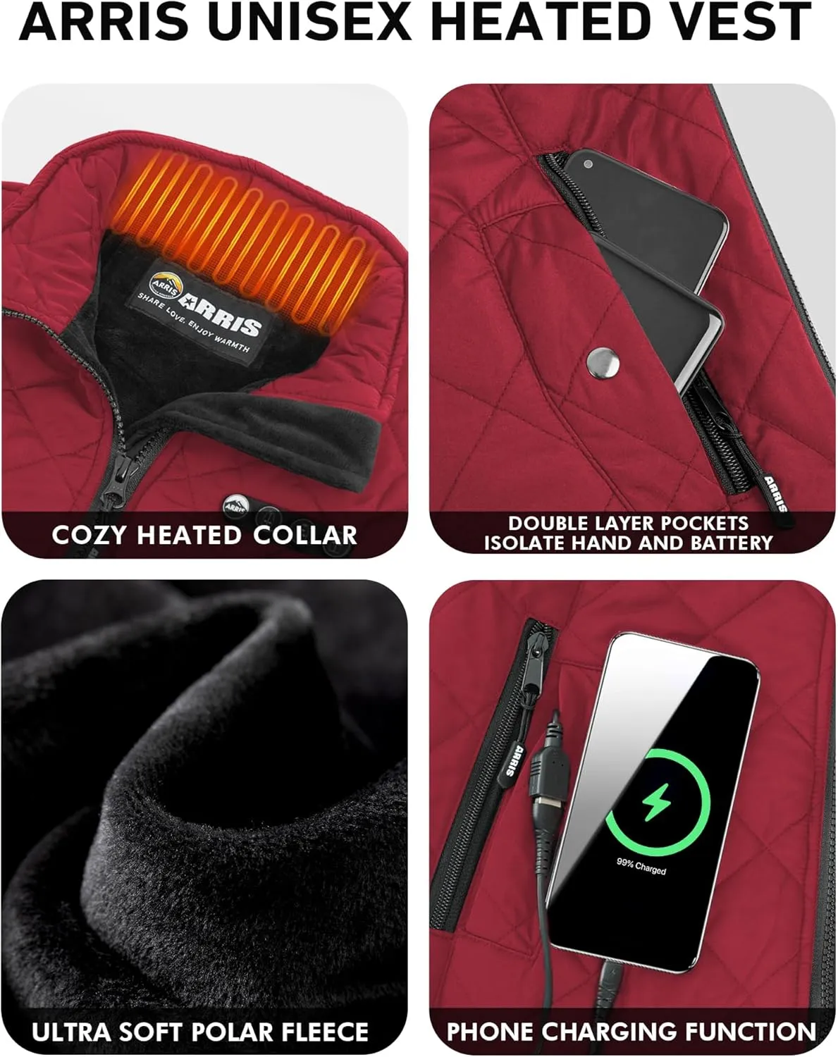 ARRIS Women`s Heated Vest, Size Adjustable 7.4V Electric Warm Vest with Battery Pack