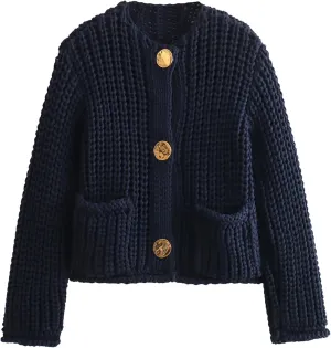 Arssm Womens Cropped Cardigan Sweaters Chunky Open Front Button Down Knit Sweater Long Sleeve Loose Cardigan Outerwear(Navy-L)