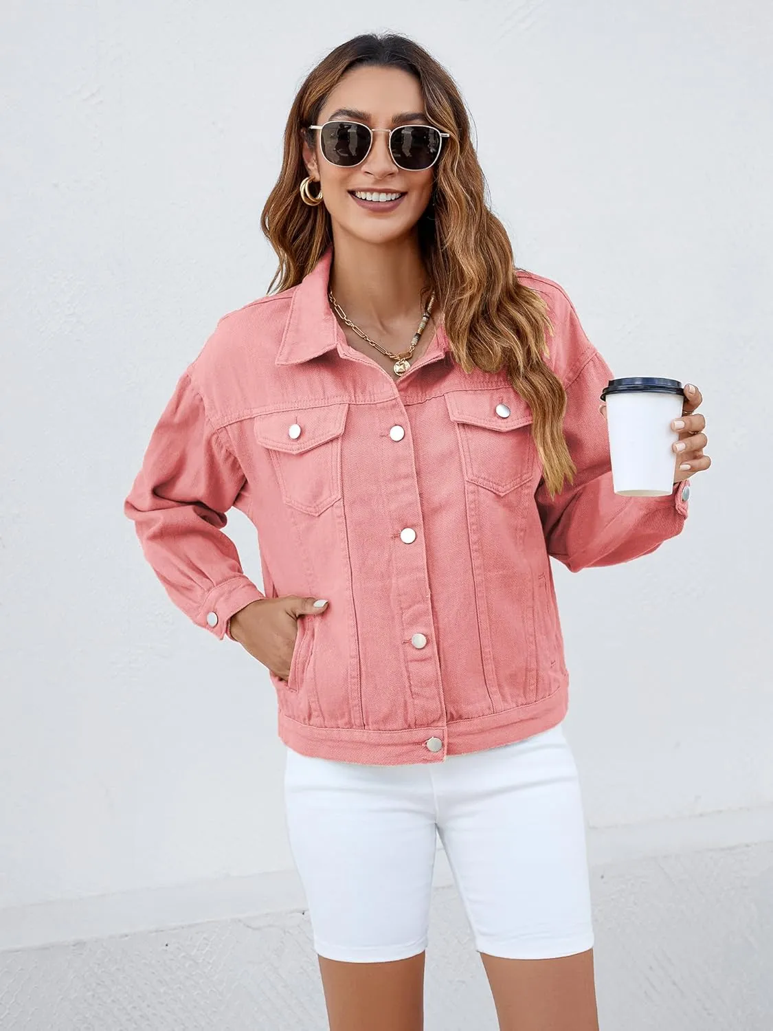 Atnlewhi Women's Long Sleeve Denim Jacket Casual Button Down Basic Jean Jackets with Pockets