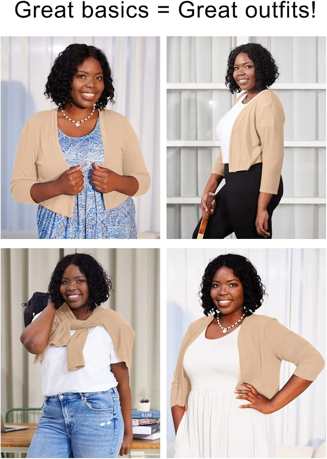 AusLook Women's Plus Size Shrug 3/4 Sleeve Lightweight Open Front Knit Cropped Bolero Cardigan Sweater 1X-5X