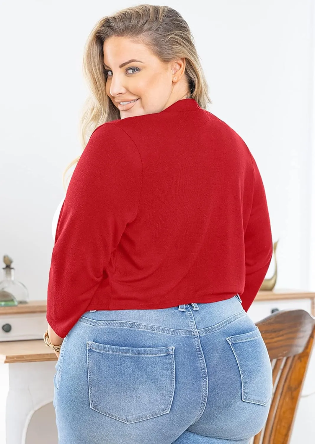 AusLook Women's Plus Size Shrug 3/4 Sleeve Lightweight Open Front Knit Cropped Bolero Cardigan Sweater 1X-5X