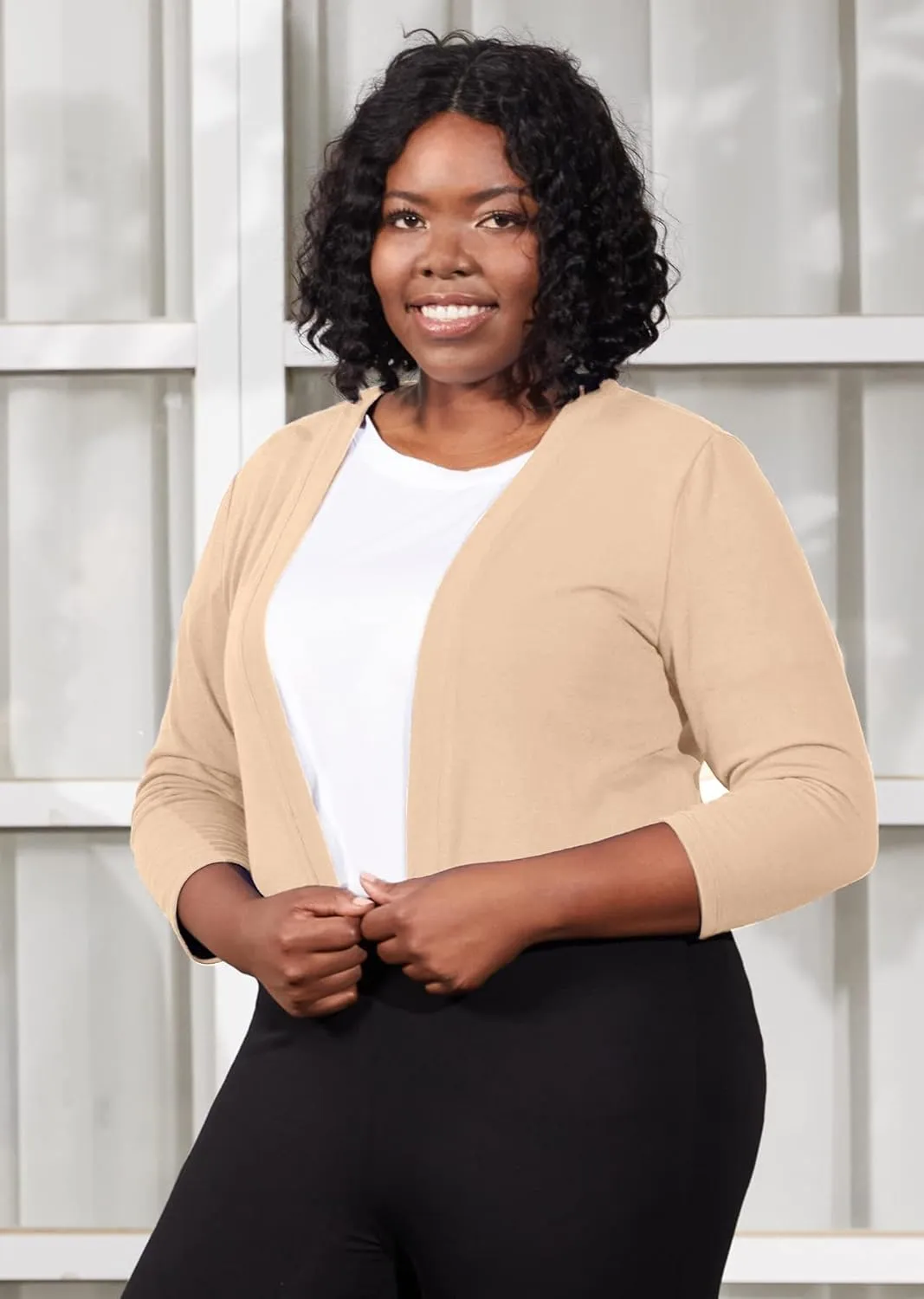 AusLook Women's Plus Size Shrug 3/4 Sleeve Lightweight Open Front Knit Cropped Bolero Cardigan Sweater 1X-5X