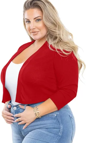AusLook Women's Plus Size Shrug 3/4 Sleeve Lightweight Open Front Knit Cropped Bolero Cardigan Sweater 1X-5X