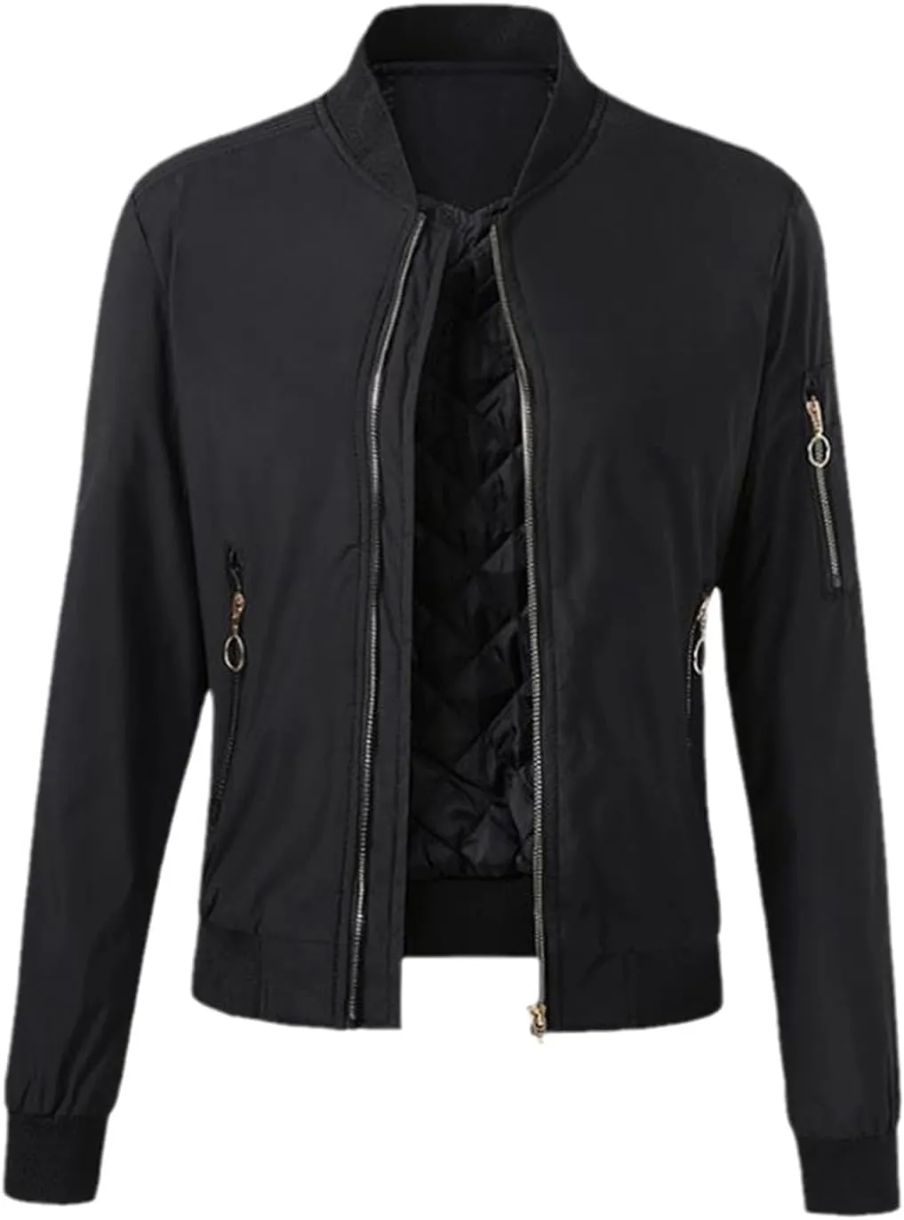 Autumn Winter Women Bomber Jacket Cotton Padded Baseball Jacket Solid Coat Zipper Pockets Jackets