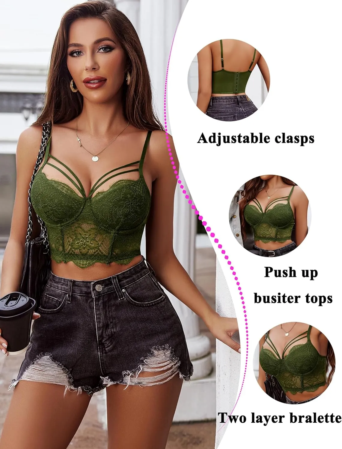 Avidlove Lace Bralette for Women V Neck Camisoles Adjustable Strap Two Layer Crop Top Bustier Tops