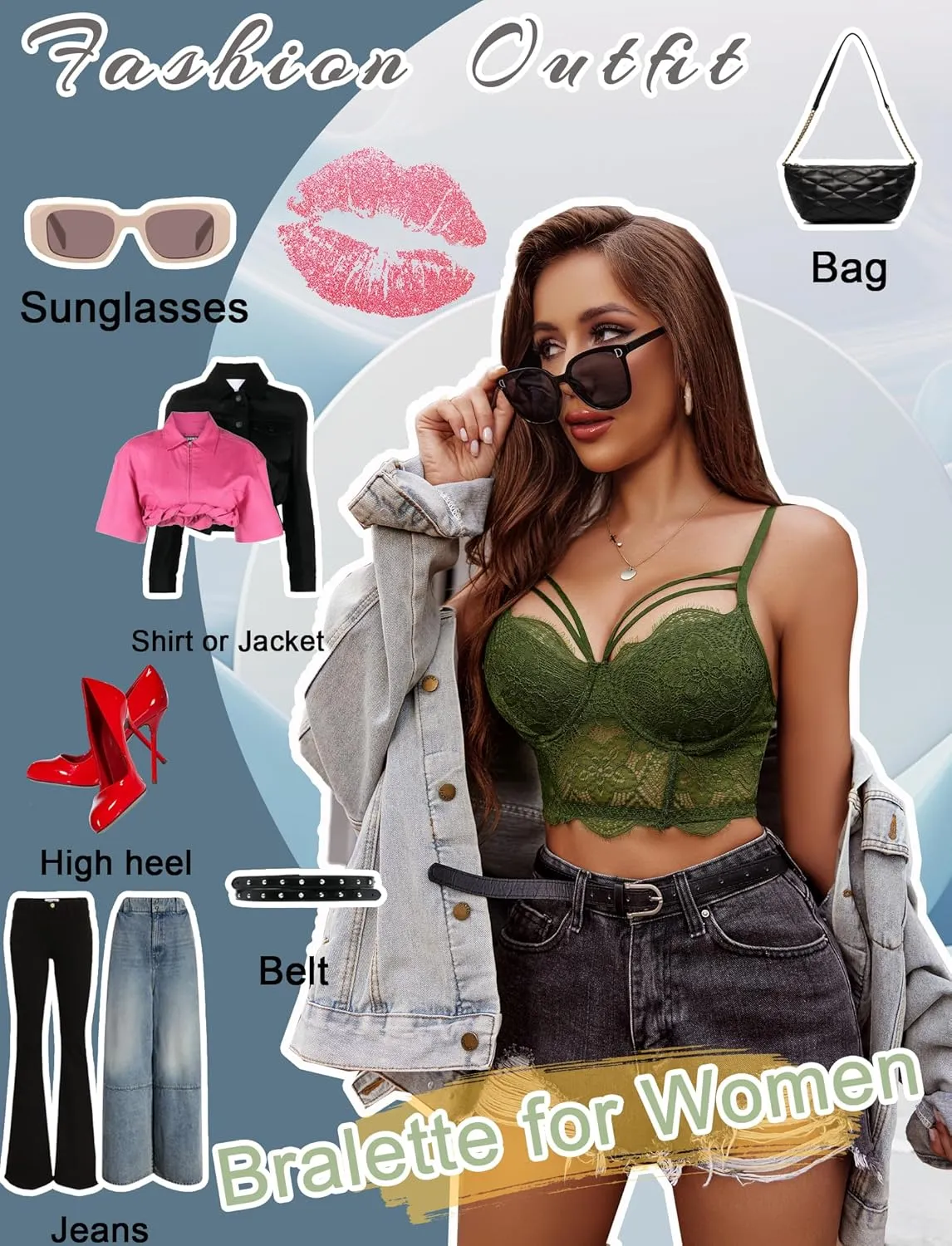 Avidlove Lace Bralette for Women V Neck Camisoles Adjustable Strap Two Layer Crop Top Bustier Tops
