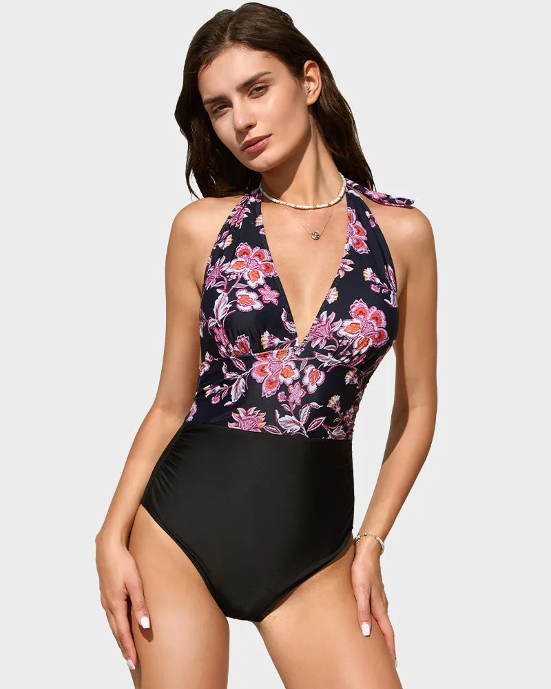 Backless One-Piece Swimsuit with Deep V Halter Neck