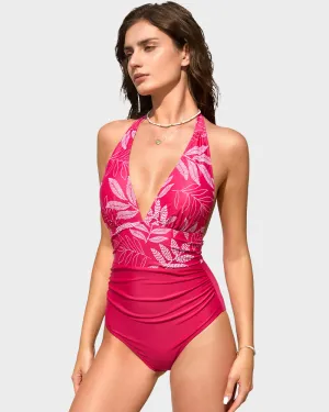 Backless One-Piece Swimsuit with Deep V Halter Neck