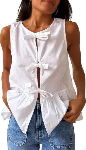 BAIGRAM Women Trendy Bow Tie Front Babydoll Tank Tops Sleeveless Peplum Ruffle Blouse Tie Up Summer Casual Dressy Tunic
