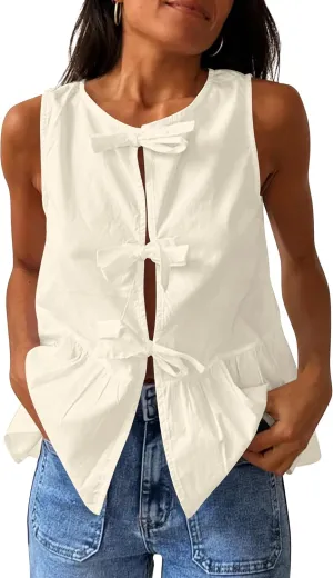 BAIGRAM Women Trendy Bow Tie Front Babydoll Tank Tops Sleeveless Peplum Ruffle Blouse Tie Up Summer Casual Dressy Tunic