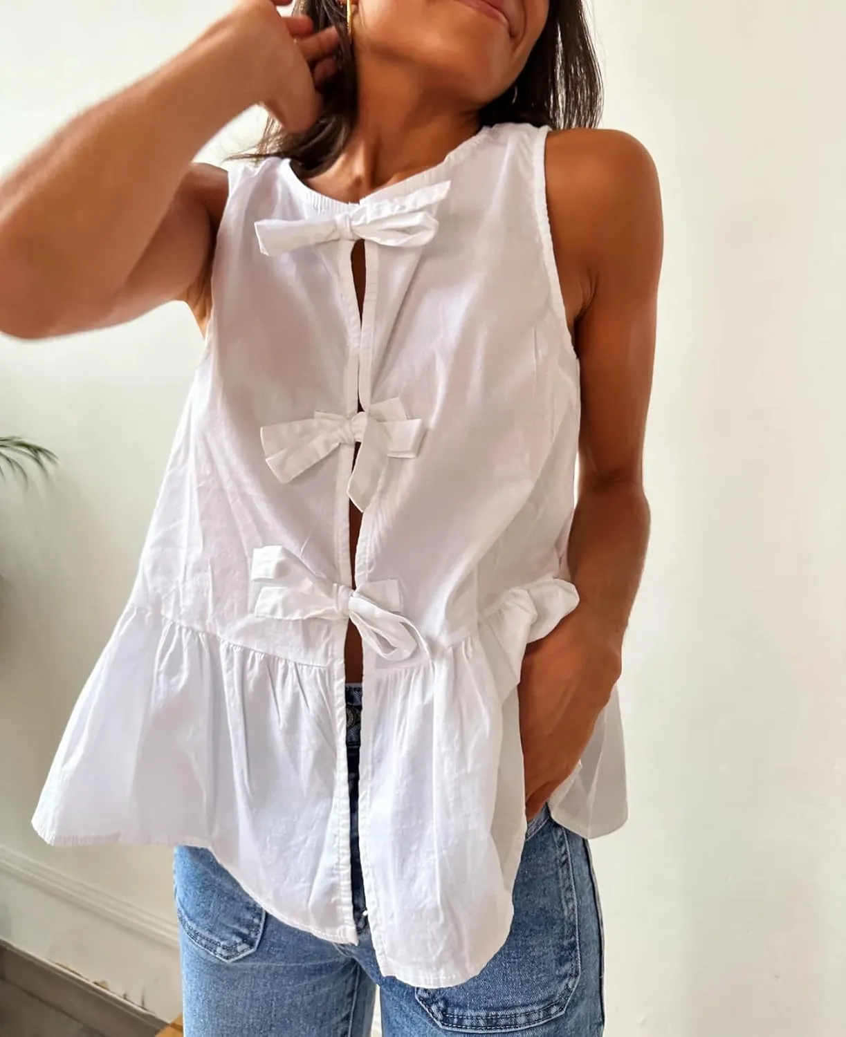 BAIGRAM Women Trendy Bow Tie Front Babydoll Tank Tops Sleeveless Peplum Ruffle Blouse Tie Up Summer Casual Dressy Tunic