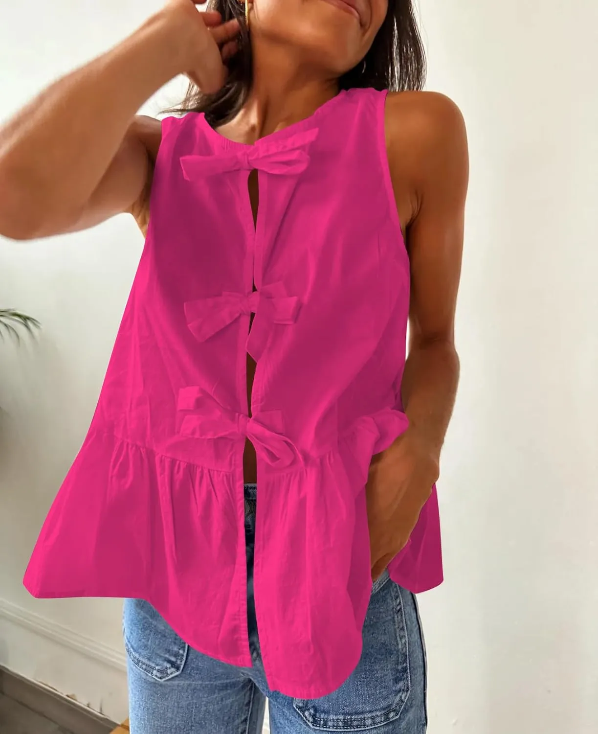 BAIGRAM Women Trendy Bow Tie Front Babydoll Tank Tops Sleeveless Peplum Ruffle Blouse Tie Up Summer Casual Dressy Tunic