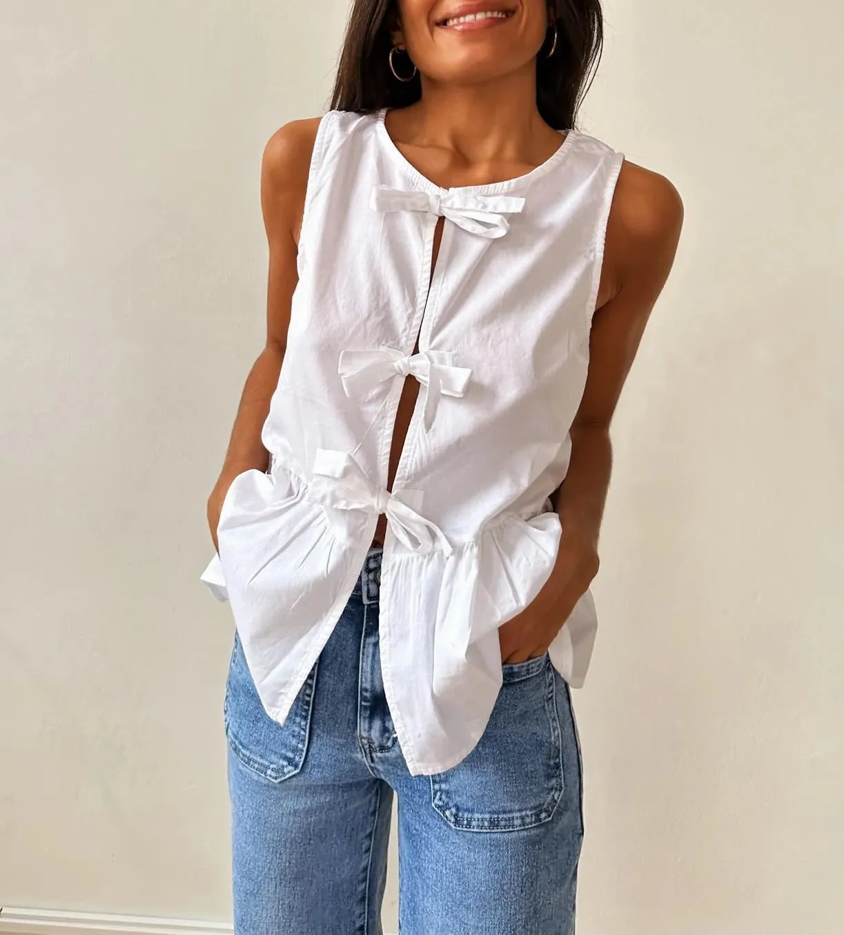 BAIGRAM Women Trendy Bow Tie Front Babydoll Tank Tops Sleeveless Peplum Ruffle Blouse Tie Up Summer Casual Dressy Tunic