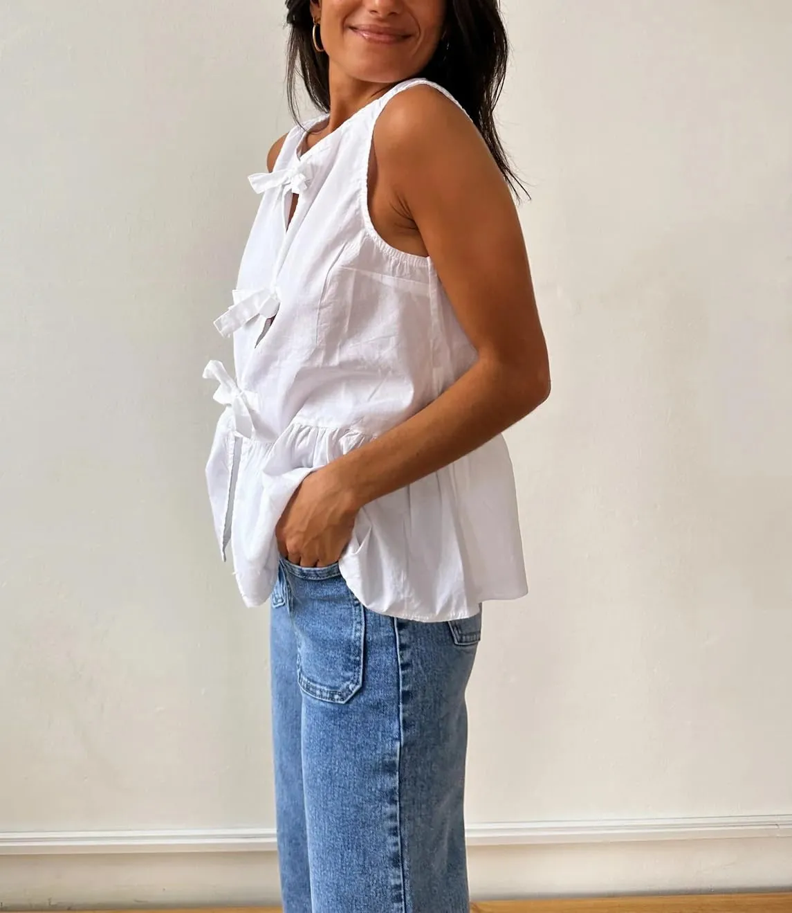 BAIGRAM Women Trendy Bow Tie Front Babydoll Tank Tops Sleeveless Peplum Ruffle Blouse Tie Up Summer Casual Dressy Tunic