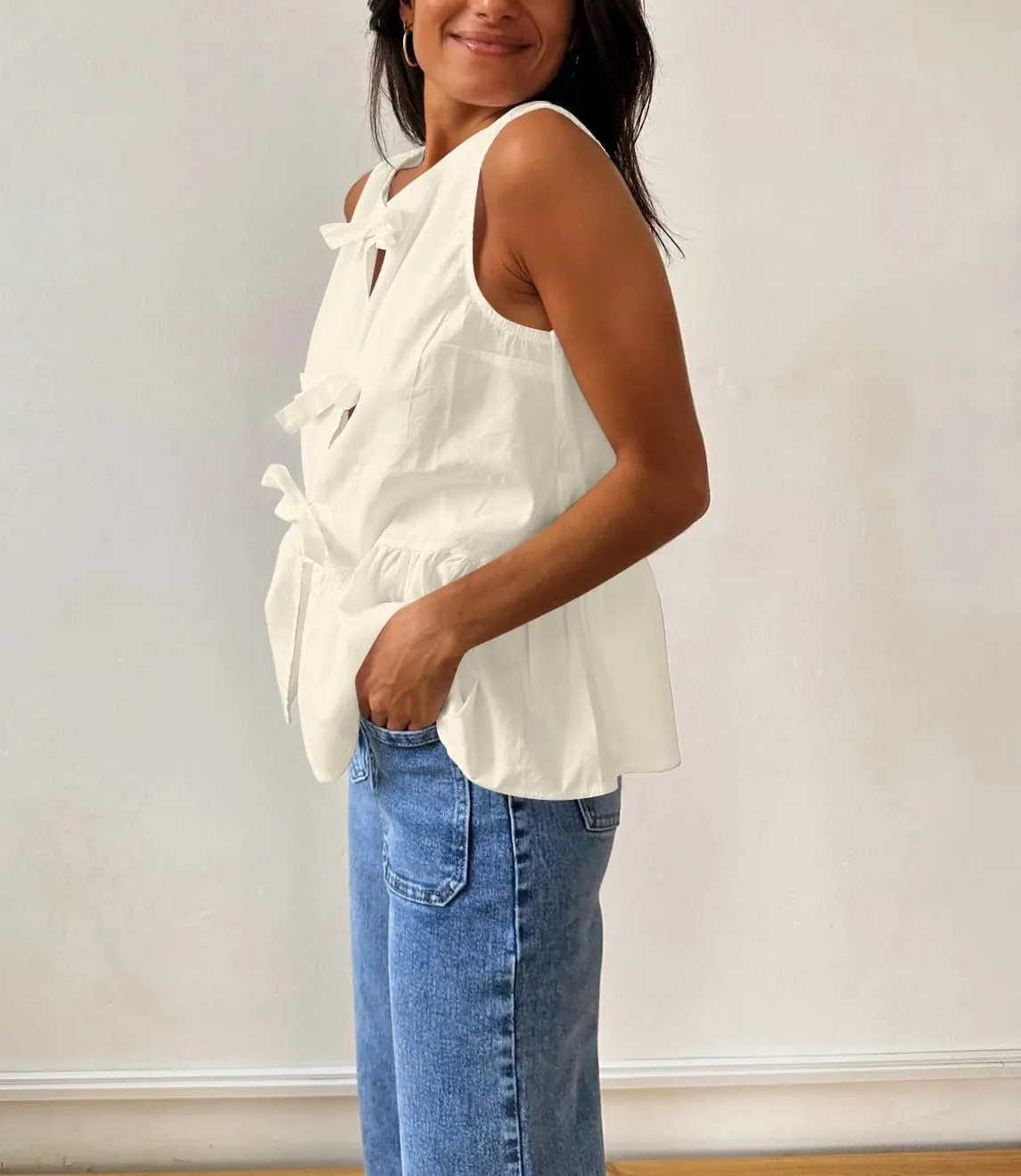 BAIGRAM Women Trendy Bow Tie Front Babydoll Tank Tops Sleeveless Peplum Ruffle Blouse Tie Up Summer Casual Dressy Tunic