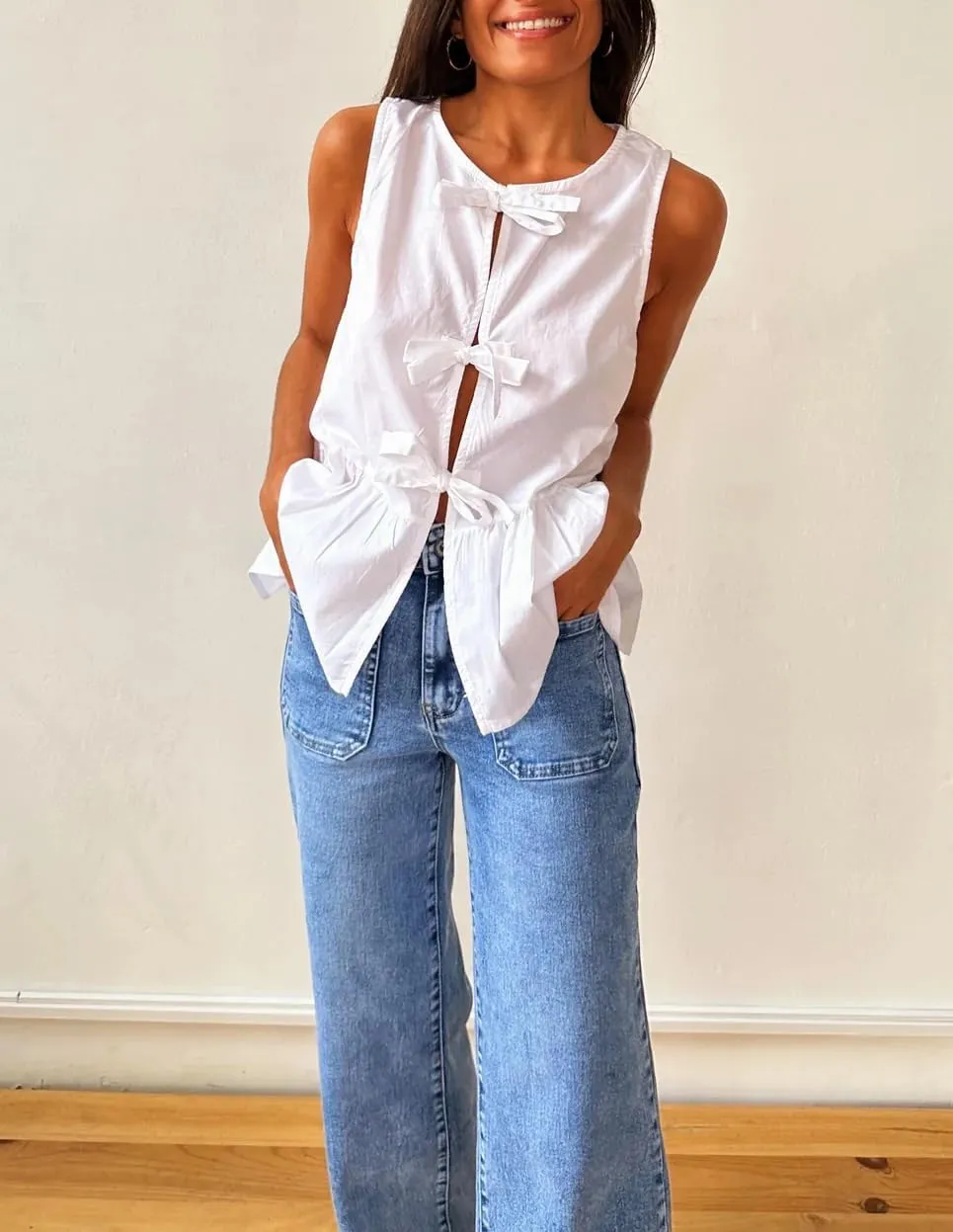 BAIGRAM Women Trendy Bow Tie Front Babydoll Tank Tops Sleeveless Peplum Ruffle Blouse Tie Up Summer Casual Dressy Tunic