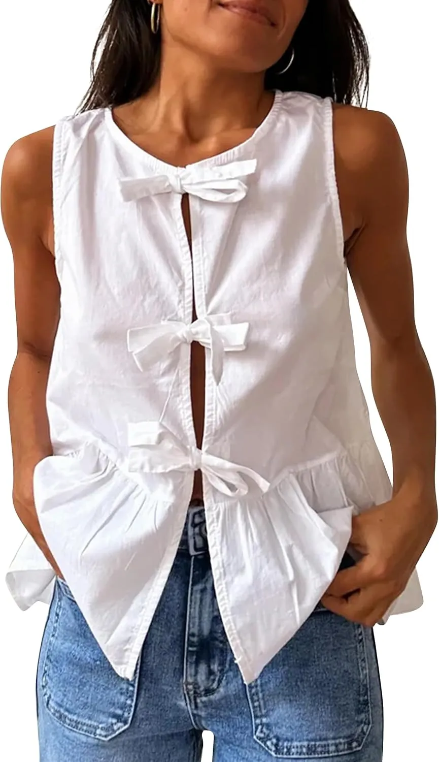 BAIGRAM Women Trendy Bow Tie Front Babydoll Tank Tops Sleeveless Peplum Ruffle Blouse Tie Up Summer Casual Dressy Tunic