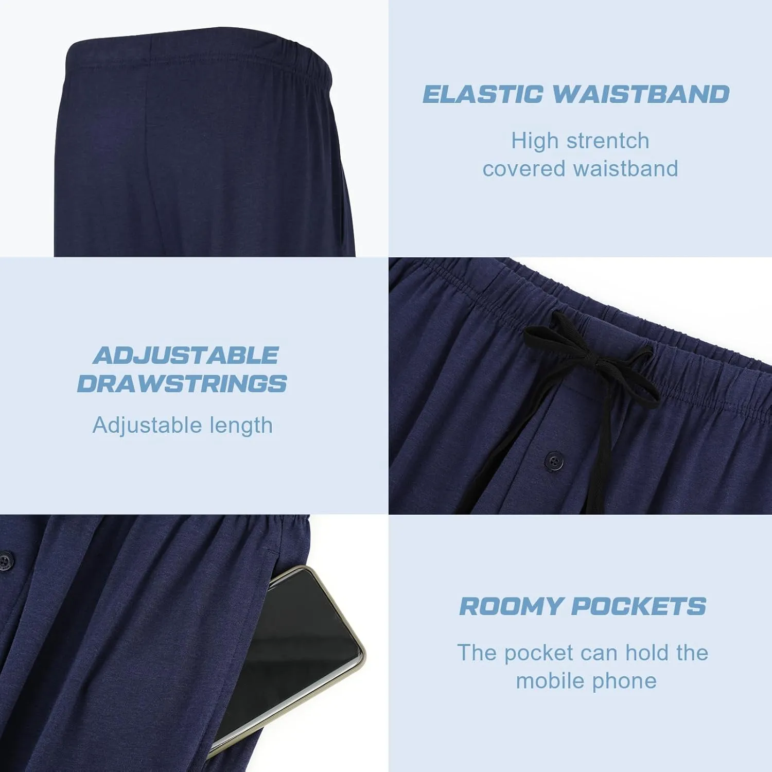 BAMBOO COOL Mens Pajama Pants Sleep Lounge Bottoms Soft Comfy Long Pj Pant Sleepwear with Pockets 2 Pack