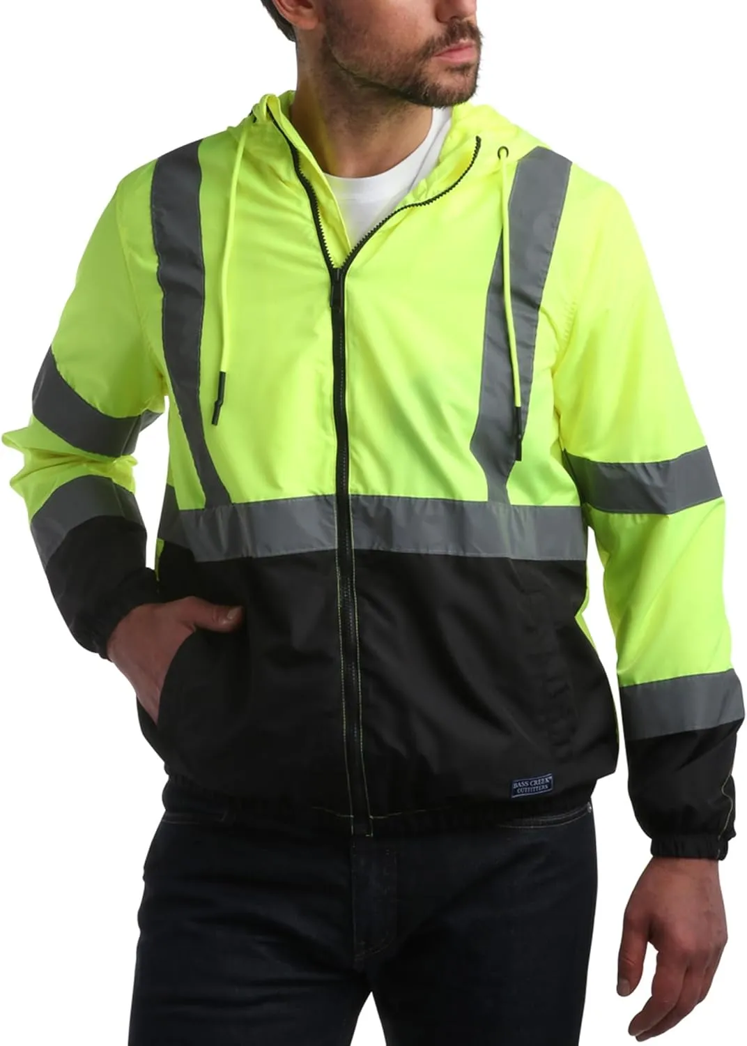 Bass Creek Outfitters Men's Hi Vis Jacket - ANSI Class 3 Safety Rain High Vis Waterproof Reflective Workwear (Sizes: M-XXL)