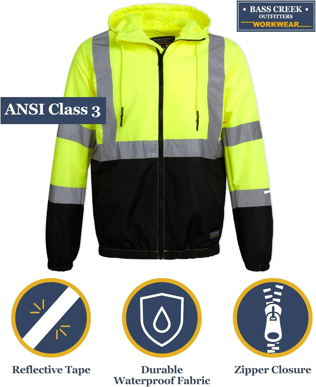 Bass Creek Outfitters Men's Hi Vis Jacket - ANSI Class 3 Safety Rain High Vis Waterproof Reflective Workwear (Sizes: M-XXL)