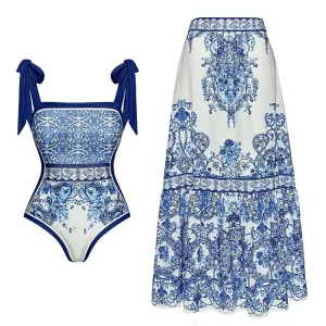 Bea - Blue and White Porcelain Print One-Piece Swimsuit