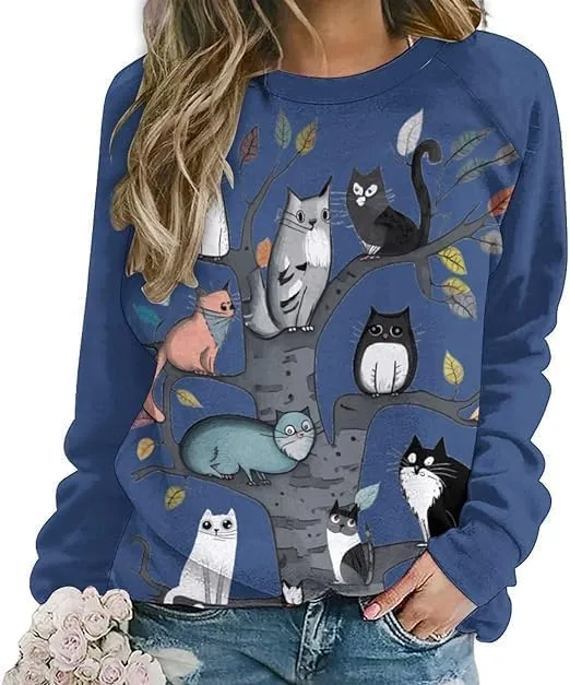 Bengbobar Women's Cat Print Sweatshirt Pullover Long Sleeve Cute Cat Lover 3D Graphic Lightweight Casual Loose Hoodie Shirt