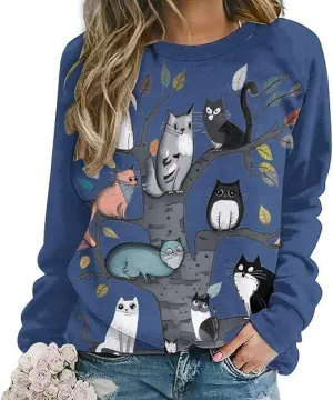 Bengbobar Women's Cat Print Sweatshirt Pullover Long Sleeve Cute Cat Lover 3D Graphic Lightweight Casual Loose Hoodie Shirt