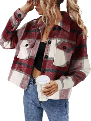 Binshre Womens Cropped Plaid Shacket Flannel Long Sleeve Button Down Jackets Coat for Women