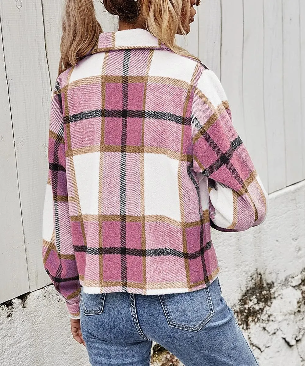 Binshre Womens Cropped Plaid Shacket Flannel Long Sleeve Button Down Jackets Coat for Women