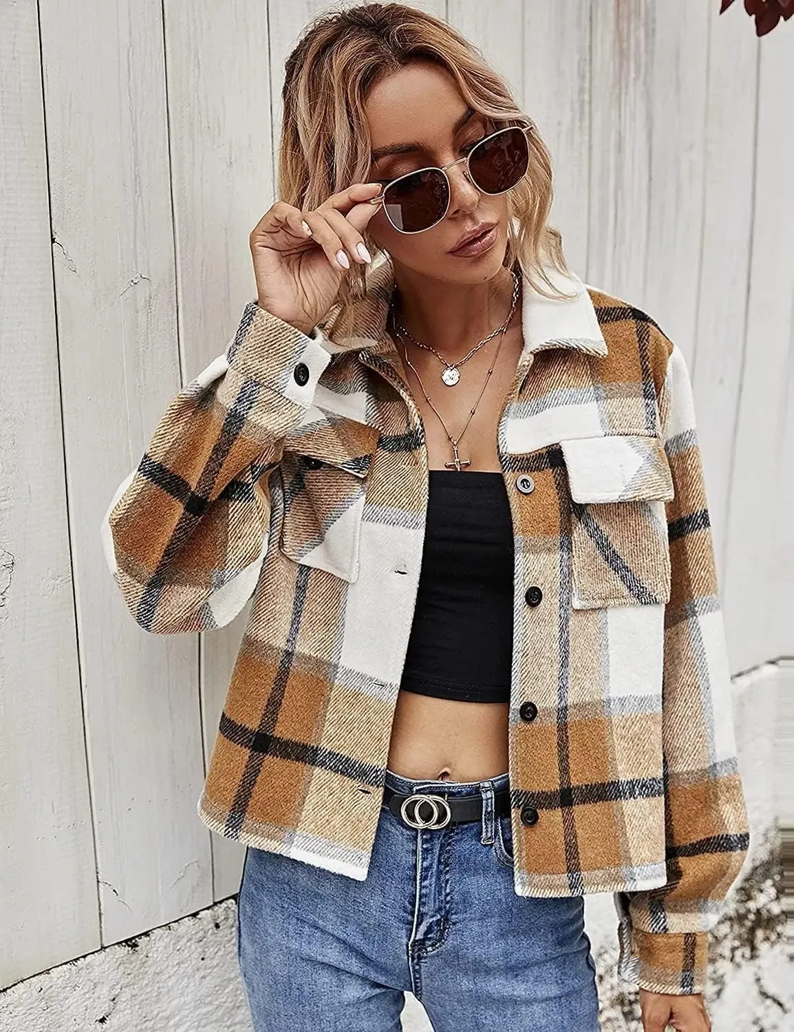 Binshre Womens Cropped Plaid Shacket Flannel Long Sleeve Button Down Jackets Coat for Women