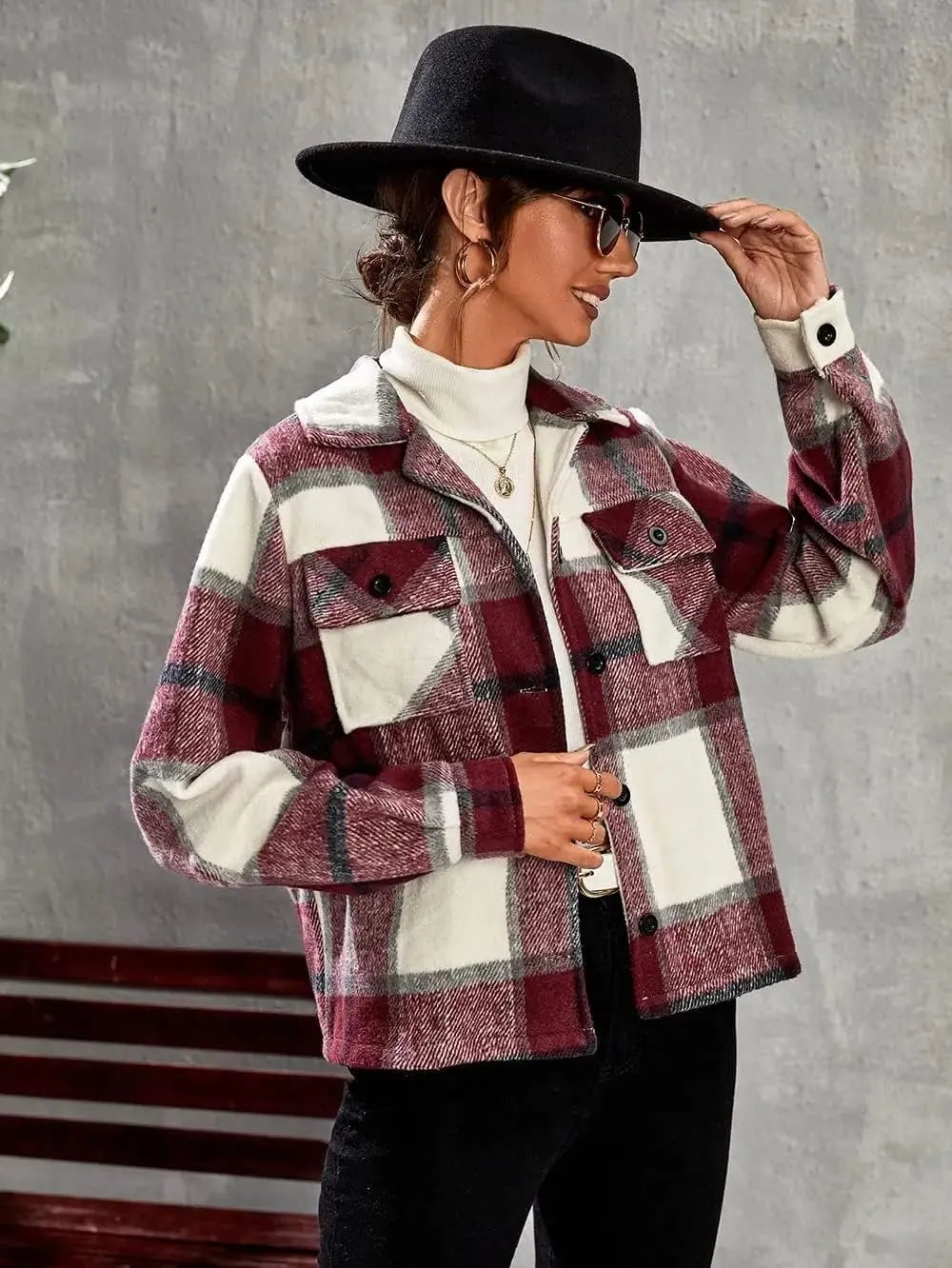 Binshre Womens Cropped Plaid Shacket Flannel Long Sleeve Button Down Jackets Coat for Women