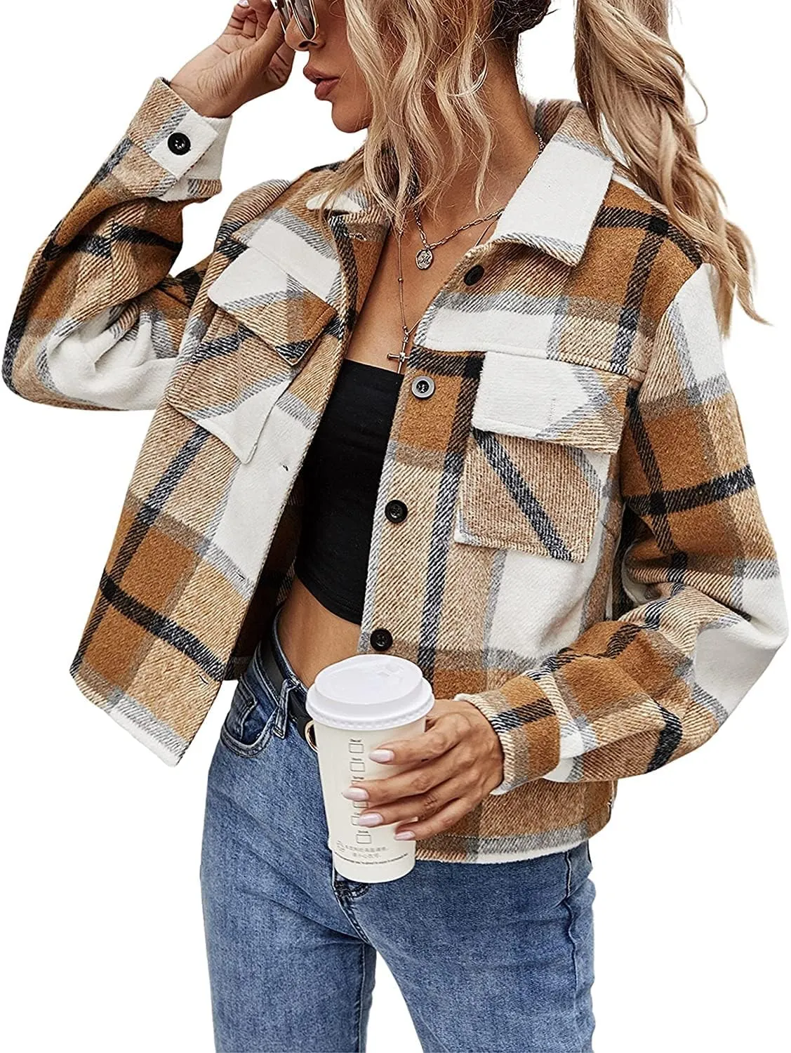 Binshre Womens Cropped Plaid Shacket Flannel Long Sleeve Button Down Jackets Coat for Women