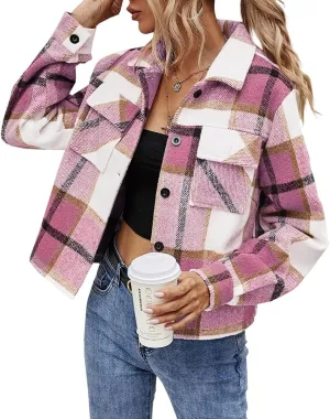 Binshre Womens Cropped Plaid Shacket Flannel Long Sleeve Button Down Jackets Coat for Women