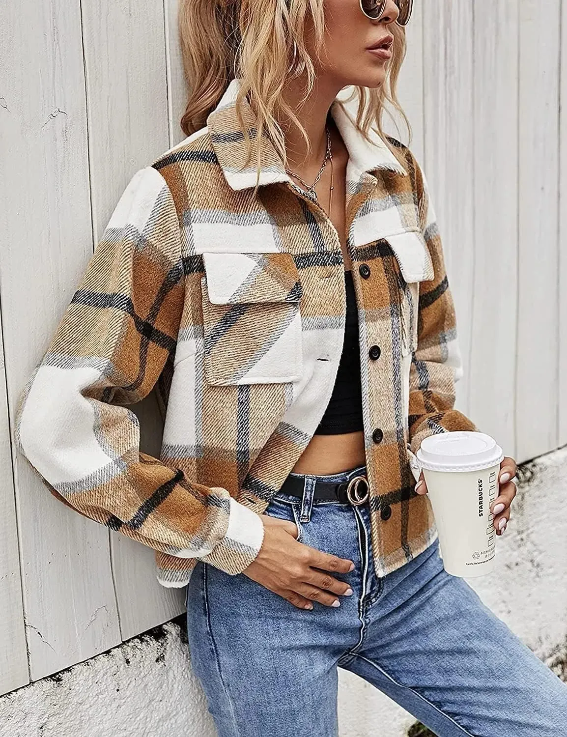 Binshre Womens Cropped Plaid Shacket Flannel Long Sleeve Button Down Jackets Coat for Women